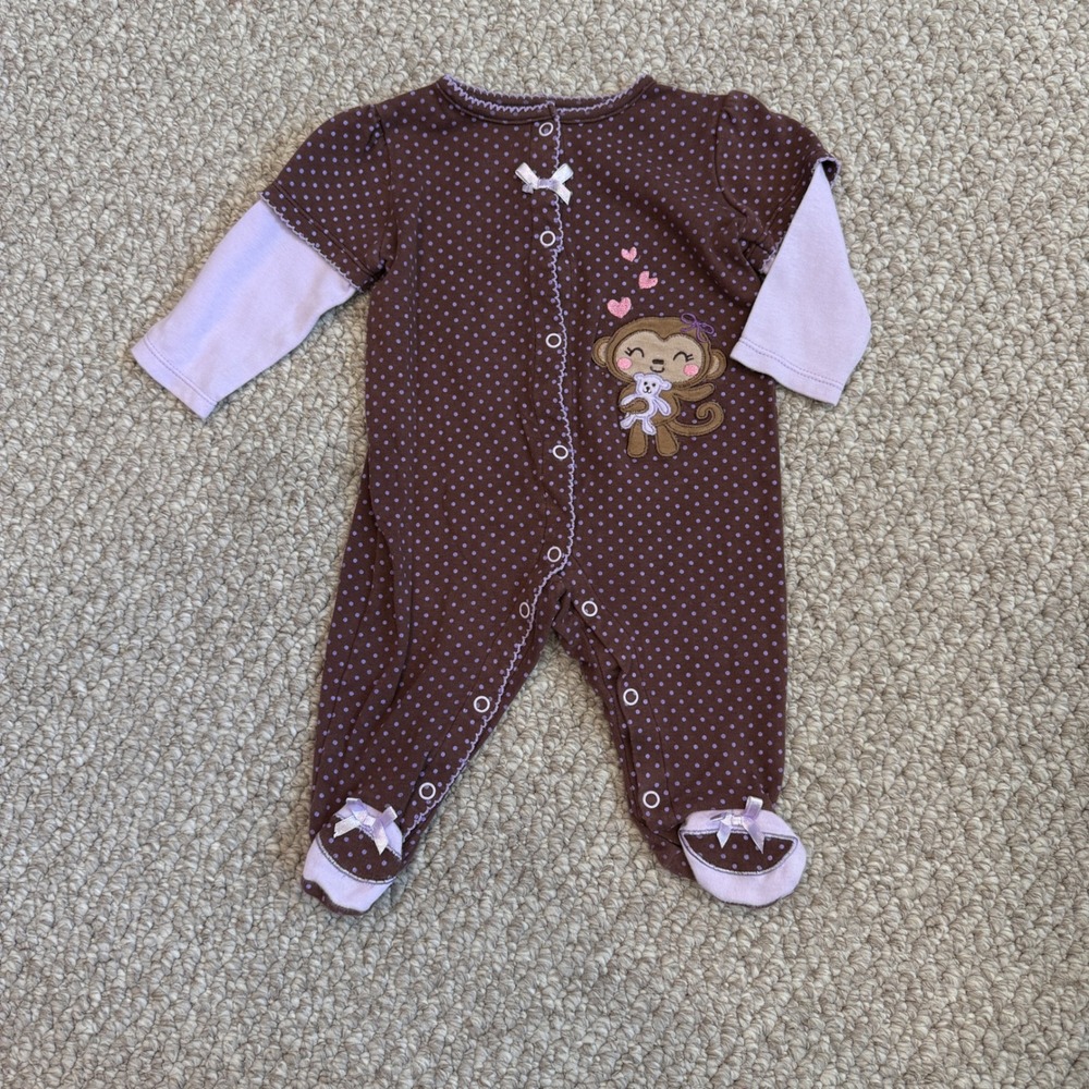 Little Wonders Baby Girl Purple Polka Dot Monkey Footed Sleeper Size 3-6 Months